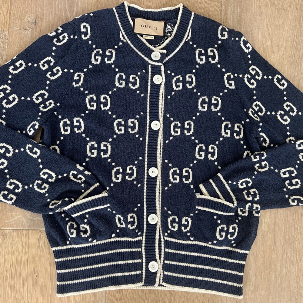 Gucci GG Logo White Navy Blue Cotton Cardigan Large